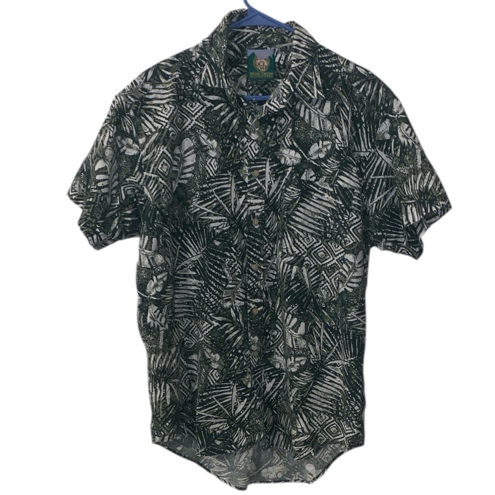 Vintage Bear Creek Tropical Green Short Sleeve Button Down Shirt Men’s L Cotton